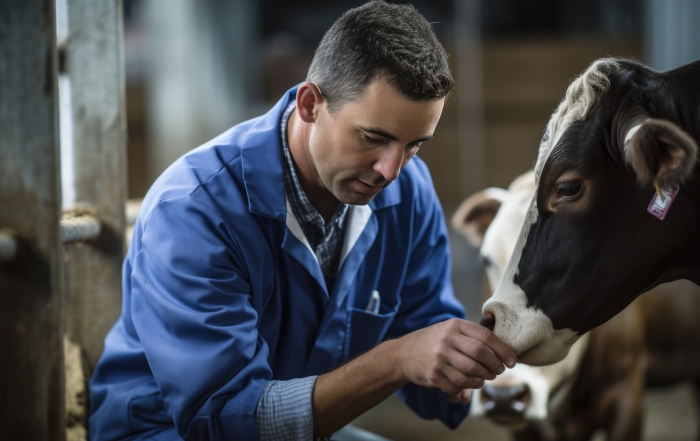 A veterinarian checks a cow. Created with Generative AI technology.